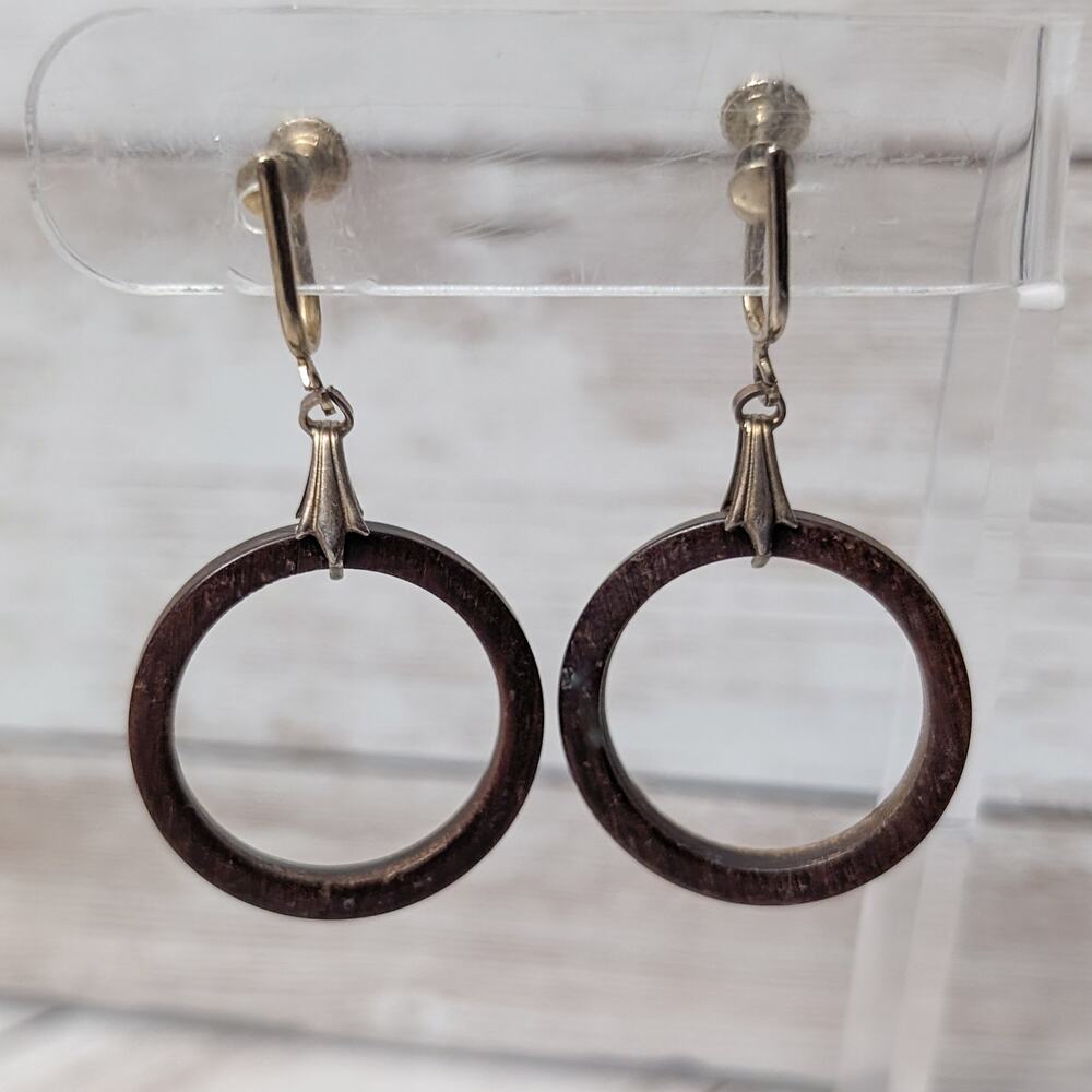 Vintage Screw Back Earrings - Brown Circle Dangle